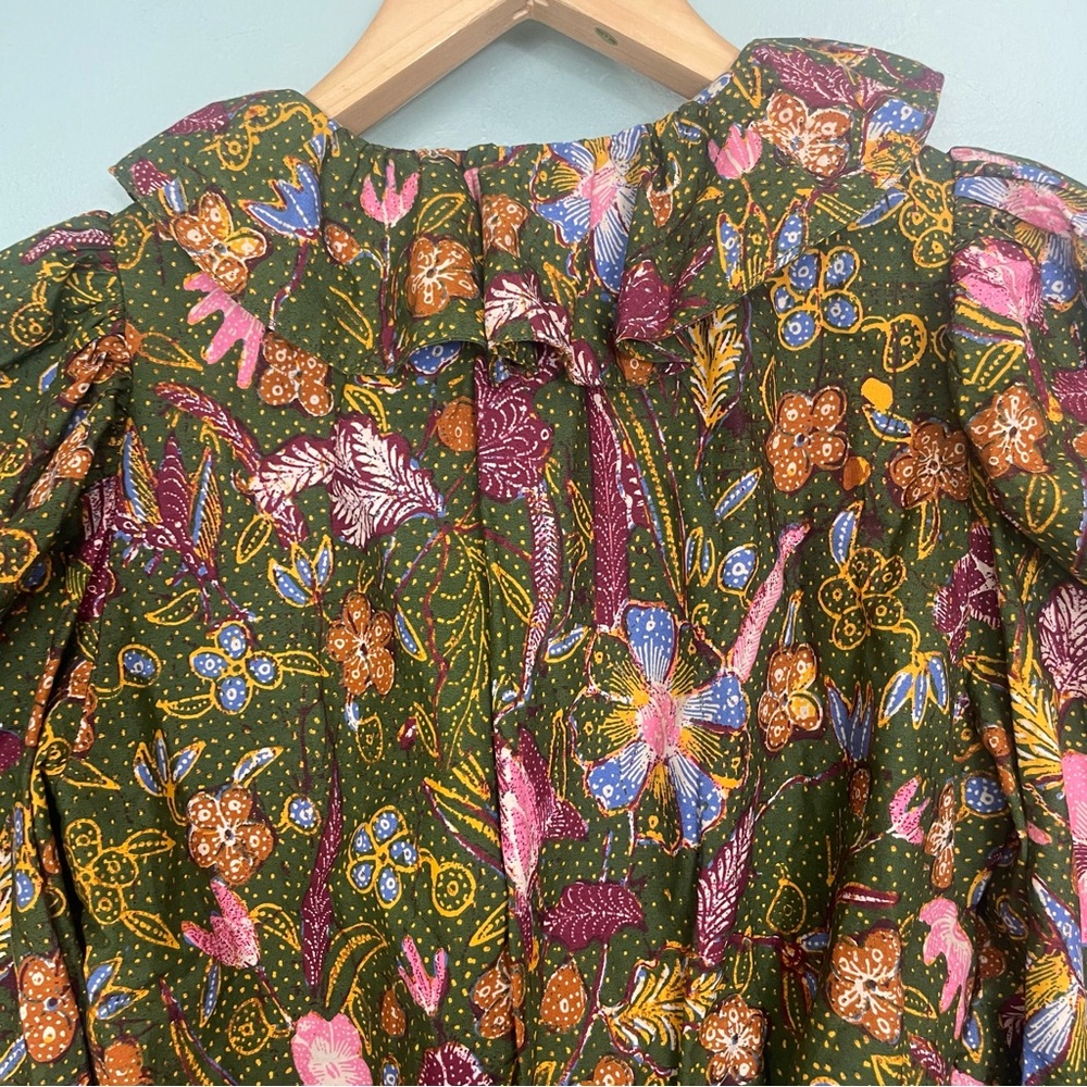 Ulla Johnson Willa Puff Sleeve Cotton Blouse Pine Green Floral Size 6 - Picture 10 of 11